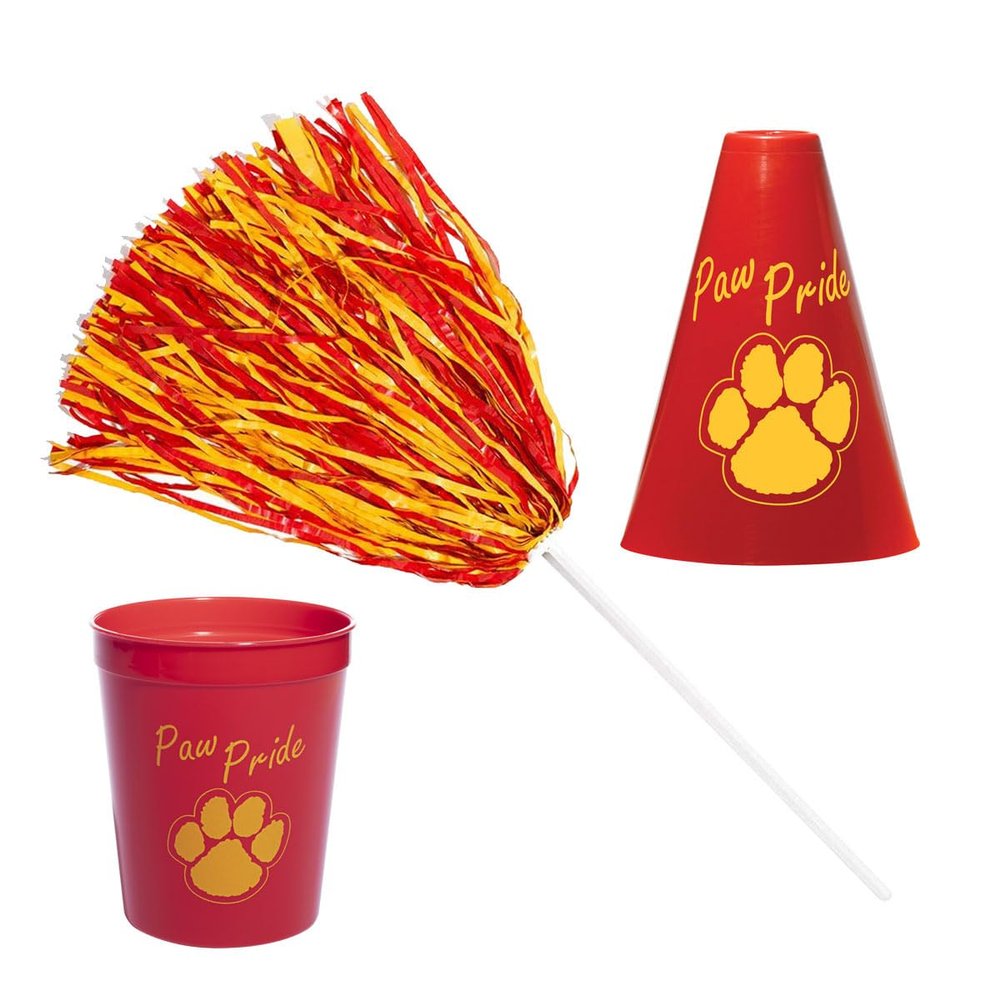 Anderson's Exclusive Red and Gold Paw Pride Shaker Pom Poms Megaphone Noisemaker Stadium Cup Set School Spirit Cheerleader Sports Fan Football Homecoming Squad Team Party Dance Club Pack of 24