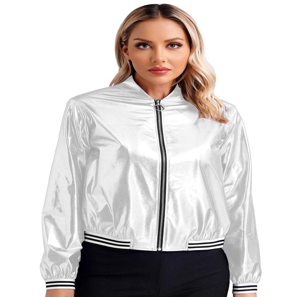 Oyolan Women's Holographic Party Shimmering Shiny Lightweight Zipper Metallic Bomber Jacket Carnival Costume Silver X-Large