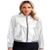 Oyolan Women's Holographic Party Shimmering Shiny Lightweight Zipper Metallic Bomber Jacket Carnival Costume Silver X-Large view 1