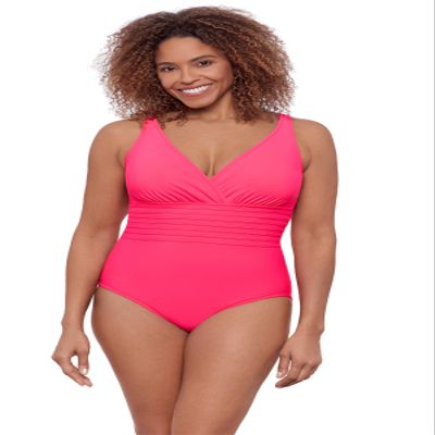 Aqua Green Women's Full Coverage V-Neck Surplice Trim Overlay One Piece Swimsuit with Tummy Compression, Rose Quartz, 2X
