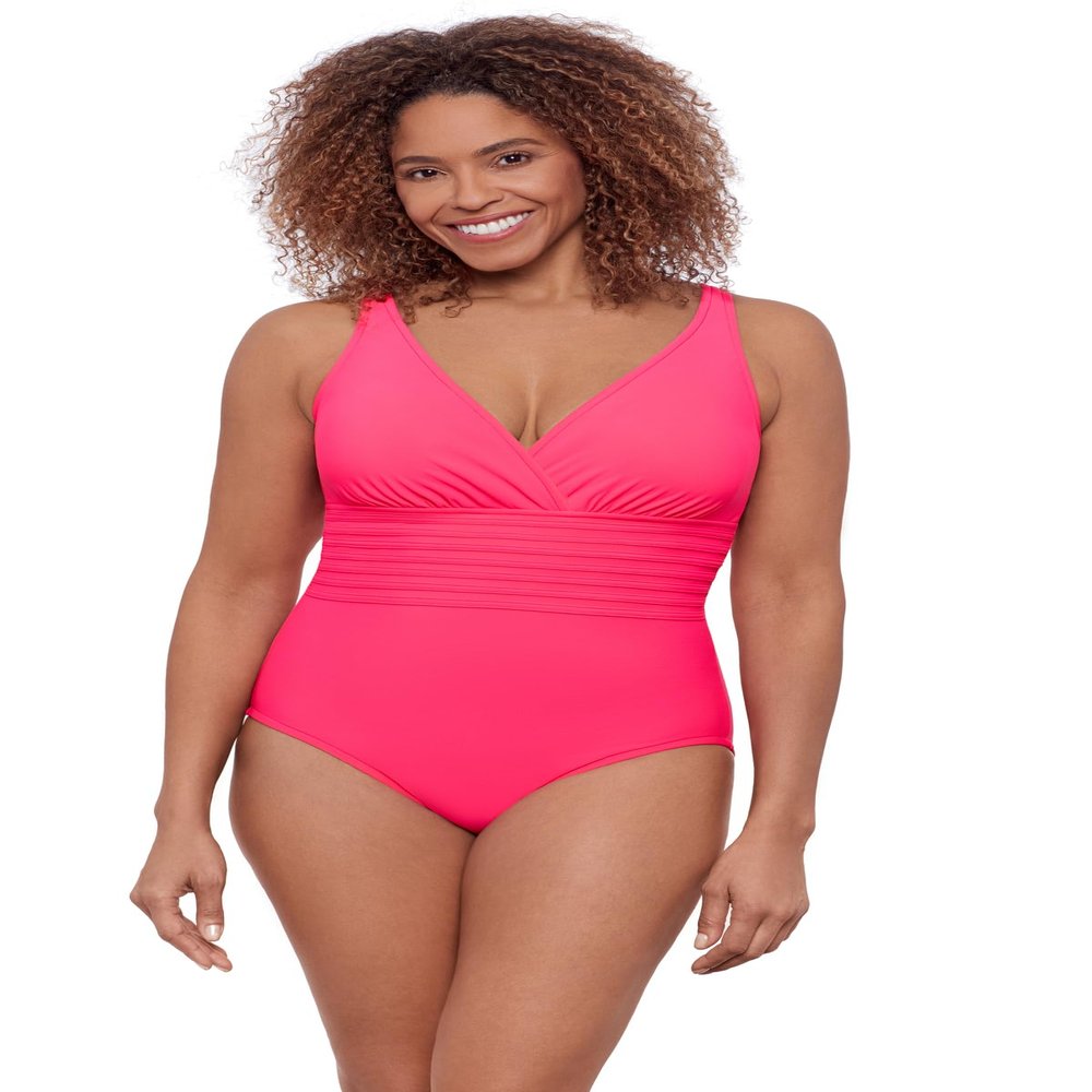 Aqua Green Women's Full Coverage V-Neck Surplice Trim Overlay One Piece Swimsuit with Tummy Compression, Rose Quartz, 2X