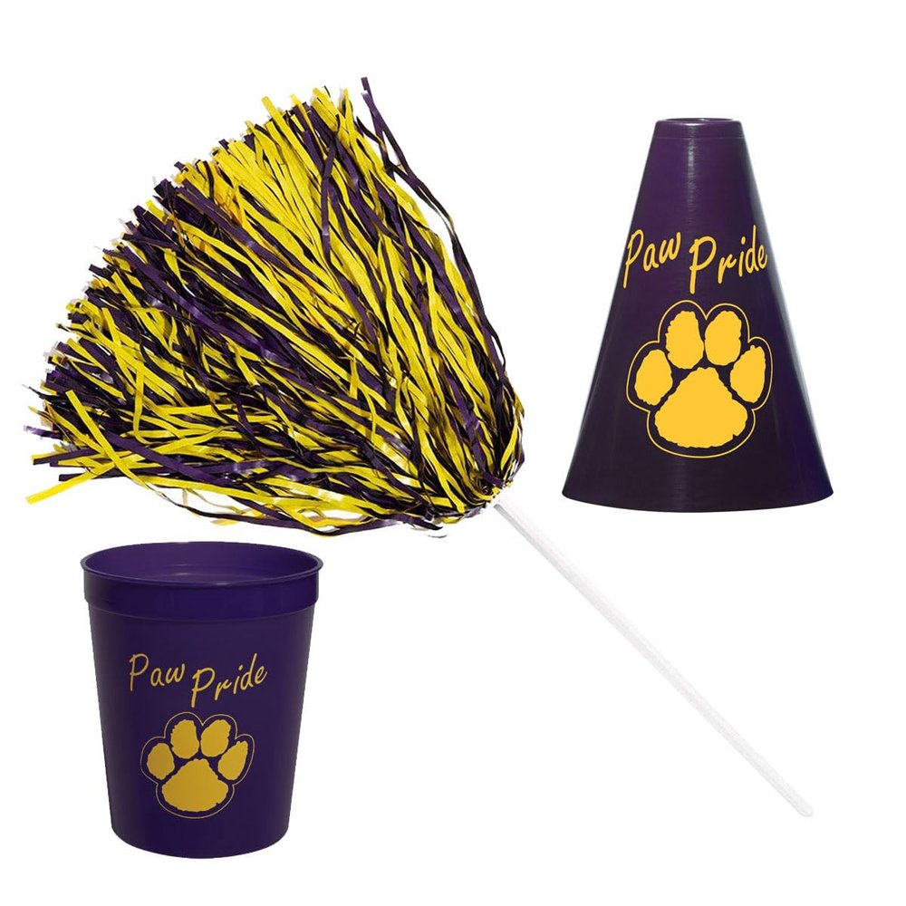Anderson's Exclusive Purple and Gold Paw Pride Shaker Pom Poms Megaphone Noisemaker Stadium Cup Set School Spirit Cheerleader Sports Fan Football Homecoming Squad Team Party Dance Club Pack of 48