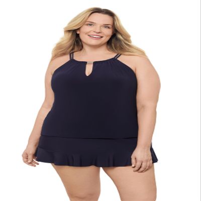 Aqua Green Women's Keyhole High Neck Full Coverage Adjustable Tankini Swim Top, True Navy, X-Large
