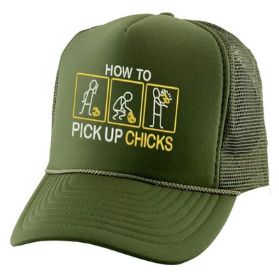 ALLNTRENDS How to Pick Up Chicks Hat Funny Embroidered Trucker Cap (Olive Green)