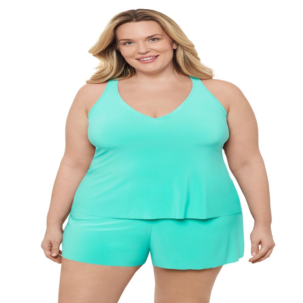 Aqua Green Women's V-Neck Full Coverage Ladder Trim Detail Racerback Tankini Swim Top, Midori, Small