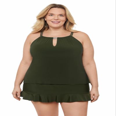 Aqua Green Women's Keyhole High Neck Full Coverage Adjustable Tankini Swim Top, Malachite, Small
