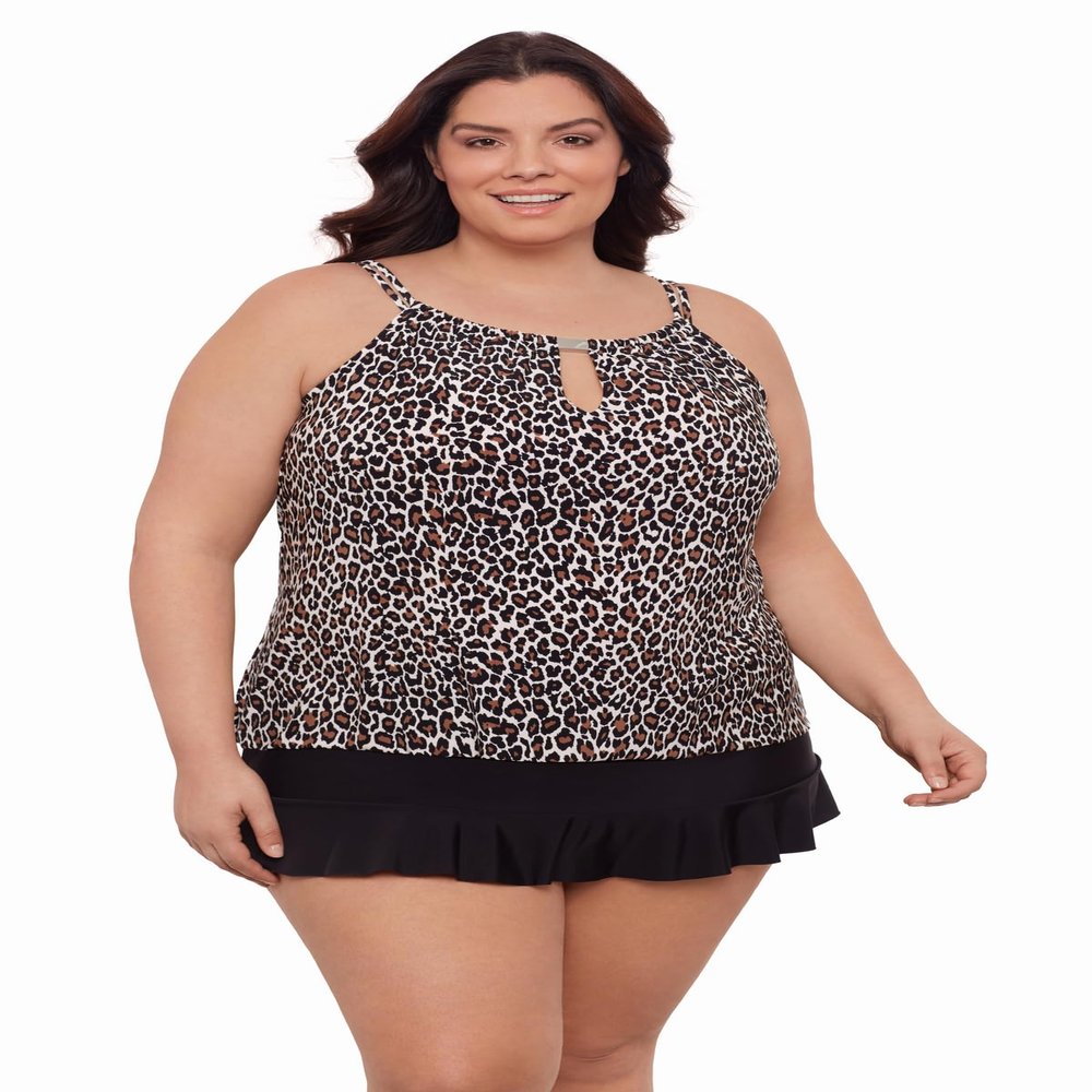 Aqua Green Women's Keyhole High Neck Full Coverage Adjustable Tankini Swim Top, Seeing Spots, Large