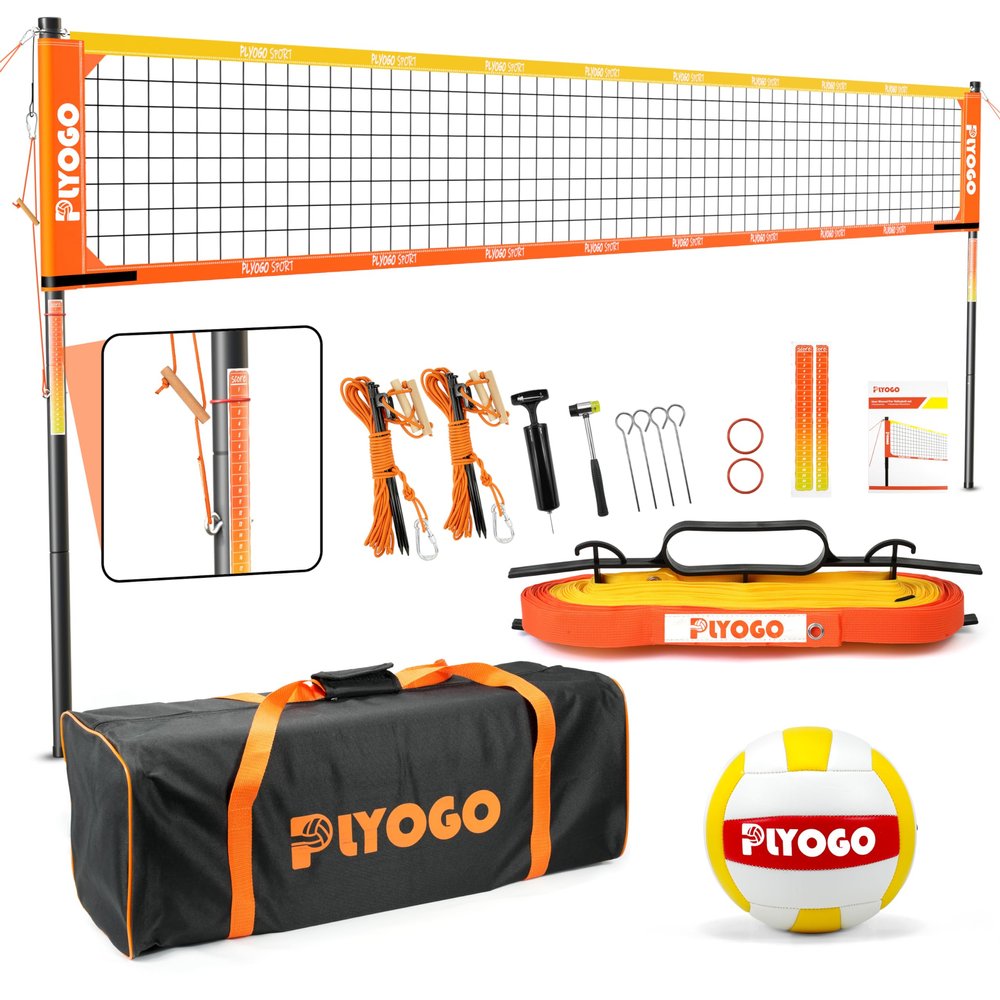 PLYOGO Volleyball Net for Backyard, Professional Portable Outdoor Heavy Duty Volleyball Net Set with Adjustable Aluminum Poles, Anti-Sag Design, Double Tension Adjuster for Beach, Grass |1680D Bag