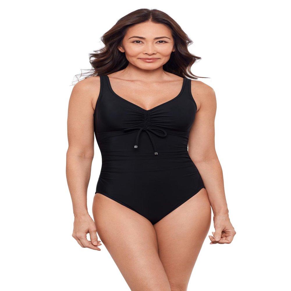 Aqua Green Women's Tummy Control Cinched V-Neck Side Shirred One Piece Swimsuit, Black, Large