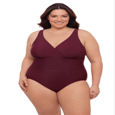 Aqua Green Women's Full Coverage V-Neck Surplice Trim Overlay One Piece Swimsuit with Tummy Compression, Currant, 1X