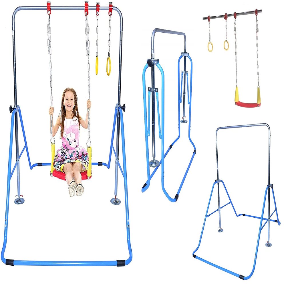 Gymnastics Bar for Kids with Swing Seat and 2x Trapeze Rings Set, Height Adjustable Horizontal Kip Bar Folding Gymnastics Junior Training Bar for Home Junior Training Bar Children Gymnastics Bar, BLUE