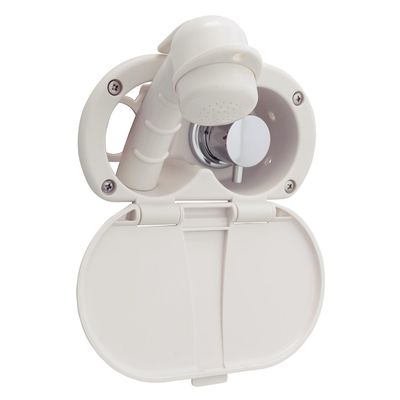 Ambassador Marine Aidack- Transom Shower (Hot/Cold Mixer), Warm White Cup & Lid, Small Warm White Sprayer, 10' White Rubber Hose, Chrome Aidack Handle - 136-1707-WH-W