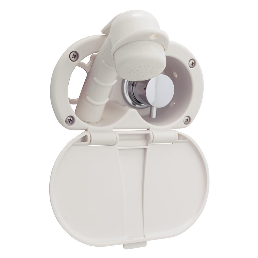 Ambassador Marine Aidack- Transom Shower (Hot/Cold Mixer), Warm White Cup & Lid, Small Warm White Sprayer, 10' White Rubber Hose, Chrome Aidack Handle - 136-1707-WH-W