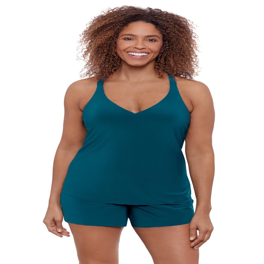 Aqua Green Women's Full Coverage Supportive Y-Back Swim Tankini Top, Lagoon, 1X