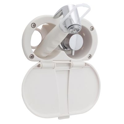 Ambassador Marine Aidack- Transom Shower (Hot/Cold Mixer), Warm White Cup & Lid, Hammer-Head Warm White Sprayer, 10' White Rubber Hose, Chrome Aidack Handle - 136-1714-WH-W