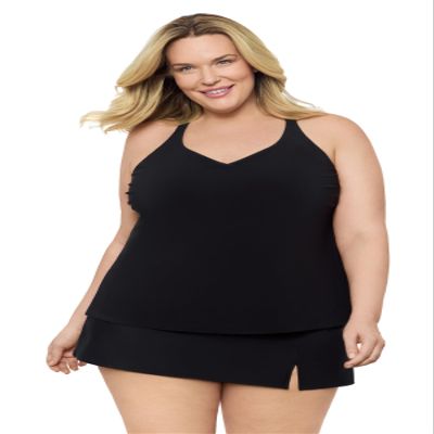 Aqua Green Women's Full Coverage Supportive Y-Back Swim Tankini Top, Black, X-Large
