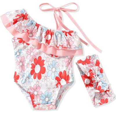 0-6 Months Baby Girls One Piece Ruffle Swimsuits Infant Floral Bathing Suit Off Shoulder Flower Swimwear Swimming Beach Wear with Headband