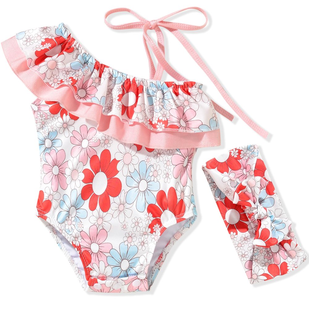 0-6 Months Baby Girls One Piece Ruffle Swimsuits Infant Floral Bathing Suit Off Shoulder Flower Swimwear Swimming Beach Wear with Headband