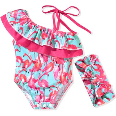0-6 Months Baby Girls One Piece Swimsuits Infant Flamingo Bathing Suit Off Shoulder Swimwear Swimming Beach Wear with Headband