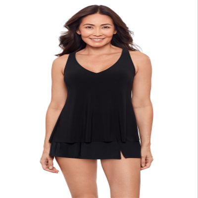 Aqua Green Women's V-Neck Full Coverage Ladder Trim Detail Racerback Tankini Swim Top, Black, X-Large