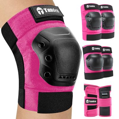 Tanden Skateboard Protective Gear Youth Knee and Elbow Pads Set, Wrist Guards for Roller Skating and Skateboarding - Pink