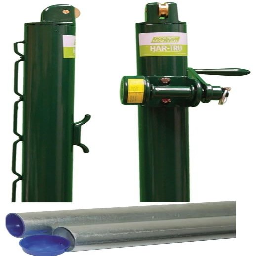 Courtmaster Green Round Tennis Post w External Wind (2 7/8 Inch OD) Bundled w Round Galvanized Ground Sleeves