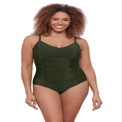 Aqua Green Women's Princess Seam Adjustable V-Neck Side Shirred One Piece Swimsuit with Tummy Compression, Malachite, 1X