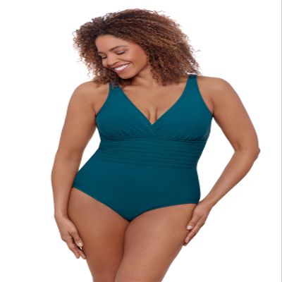 Aqua Green Women's Full Coverage V-Neck Surplice Trim Overlay One Piece Swimsuit with Tummy Compression, Lagoon, Large