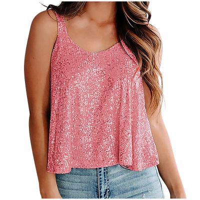 2024 Girls Fashion Sequin Tank Tops Sparkle Shimmer Cami Vintage Disco Spaghetti Strap Sequin Camisole Bling Shirts Summer Pink