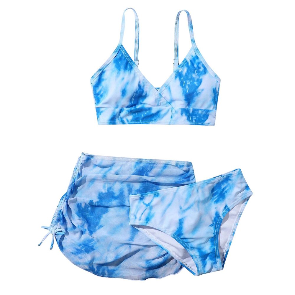 Girl's 3 Piece Swimsuits Tie Dye Bikini Bathing Suit with Cover Up Beach Skirt Juniors Summer (Blue, 13-14 Years)