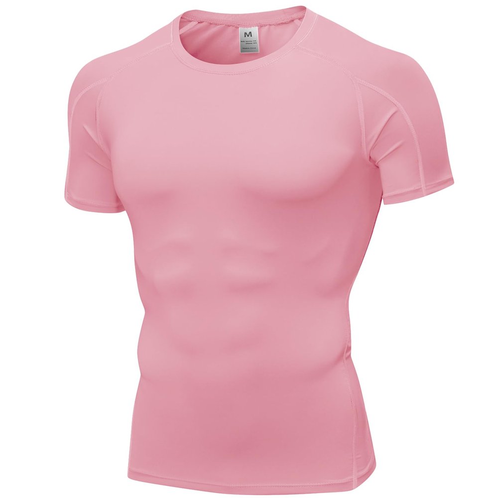 SPVISE Pink Men's Cool Dry Short Sleeve Compression Shirts Active Sports Baselayer T-Shirts Tops Athletic Workout Gym Shirts
