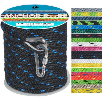 3/8 Inch 50 FT Anchor Rope, Boat Anchor Rope Solid Braid MFP, Anchor Line with 316 Stainless Steel Thimble and Snap Hook - Black & Lake Blue