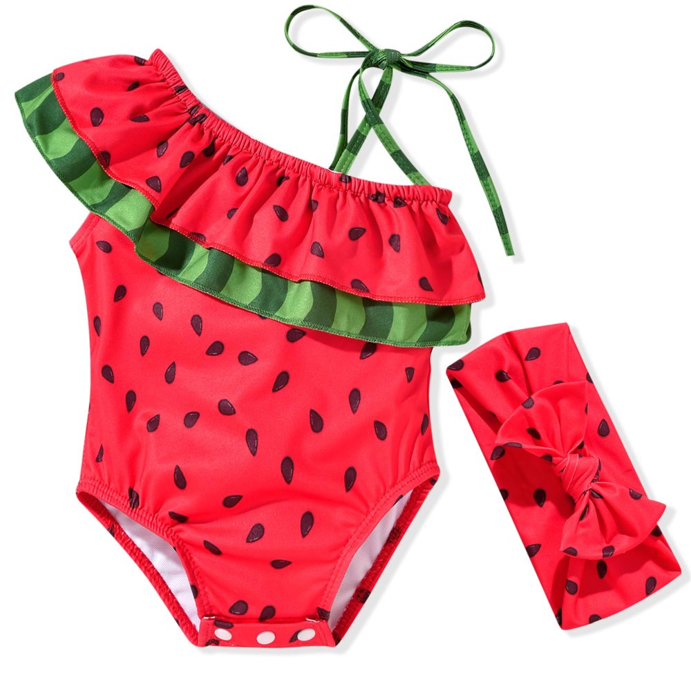 HINTINA 12 Month Baby Girls One Piece Swimsuits Infant Watermelon Bathing Suit Off Shoulder Swimwear Swimming Beach Wear with Headband 12-18 Months