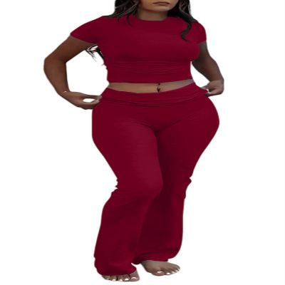 AYWA Women's 2 Piece Lounge Sets Short Sleeve Crop Top Foldover Flare Pants Casual Pajama Outfits (Bric, X-Large)