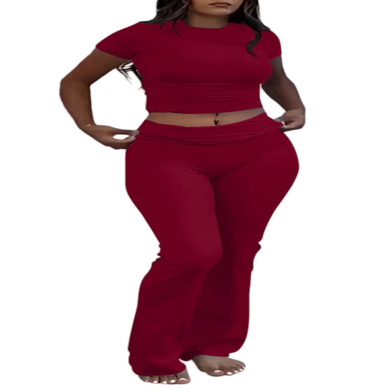 AYWA Women's 2 Piece Lounge Sets Short Sleeve Crop Top Foldover Flare Pants Casual Pajama Outfits (Bric, X-Large)