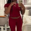 AYWA Women's 2 Piece Lounge Sets Short Sleeve Crop Top Foldover Flare Pants Casual Pajama Outfits (Bric, X-Large) view 2