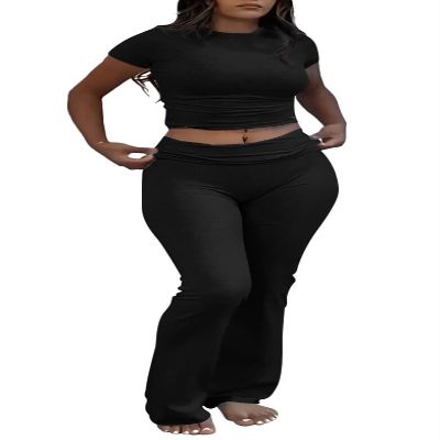 AYWA Women's 2 Piece Lounge Sets Short Sleeve Crop Top Foldover Flare Pants Casual Pajama Outfits (Black, Small)