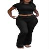 AYWA Women's 2 Piece Lounge Sets Short Sleeve Crop Top Foldover Flare Pants Casual Pajama Outfits (Black, Small) view 1