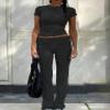 AYWA Women's 2 Piece Lounge Sets Short Sleeve Crop Top Foldover Flare Pants Casual Pajama Outfits (Black, Small) view 4