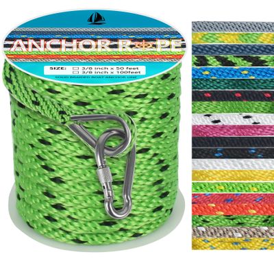 3/8 Inch 50 FT Anchor Rope, Boat Anchor Rope Solid Braid MFP, Anchor Line with 316 Stainless Steel Thimble and Snap Hook - Green & Black