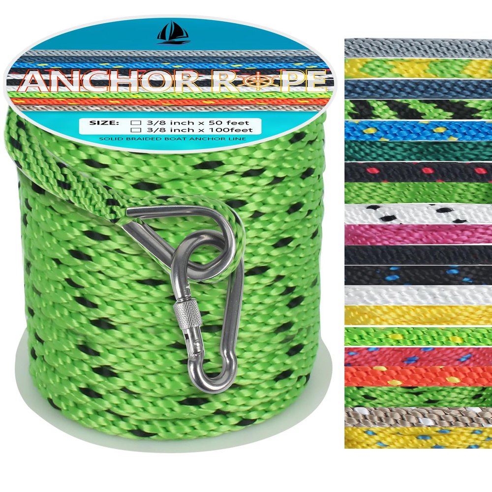 3/8 Inch 50 FT Anchor Rope, Boat Anchor Rope Solid Braid MFP, Anchor Line with 316 Stainless Steel Thimble and Snap Hook - Green & Black