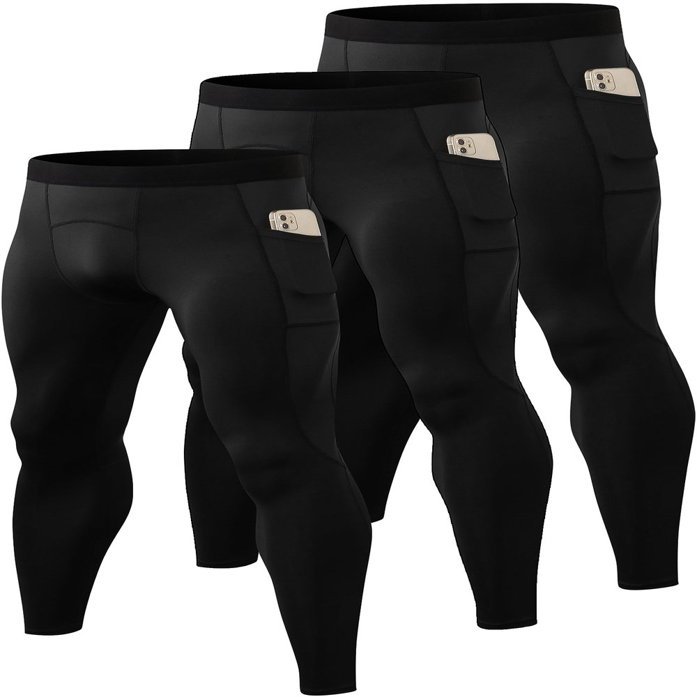 SPVISE 3 Pack Men's Compression Pants Athletic Workout Leggings Running Gym Tights Cool Dry Sports Baselayer Pant with Pocket