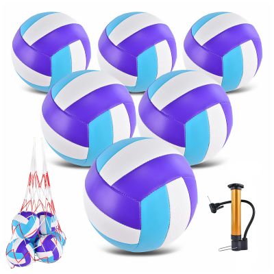 ELKCIP 6 Pack Volleyballs Official Size 5, Soft Bulk Recreational Volley Balls with Pump and Net Bag for Indoor Outdoor Beach Pool Water Sand Game Training Match for Beginner, Purple