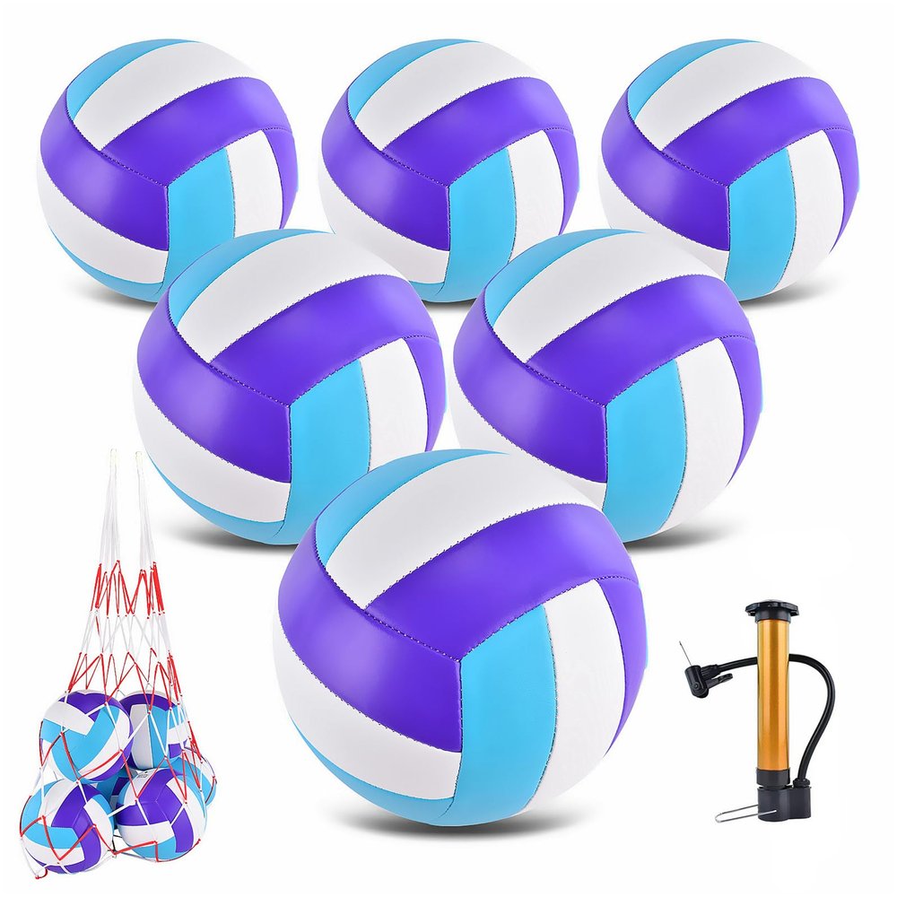ELKCIP 6 Pack Volleyballs Official Size 5, Soft Bulk Recreational Volley Balls with Pump and Net Bag for Indoor Outdoor Beach Pool Water Sand Game Training Match for Beginner, Purple