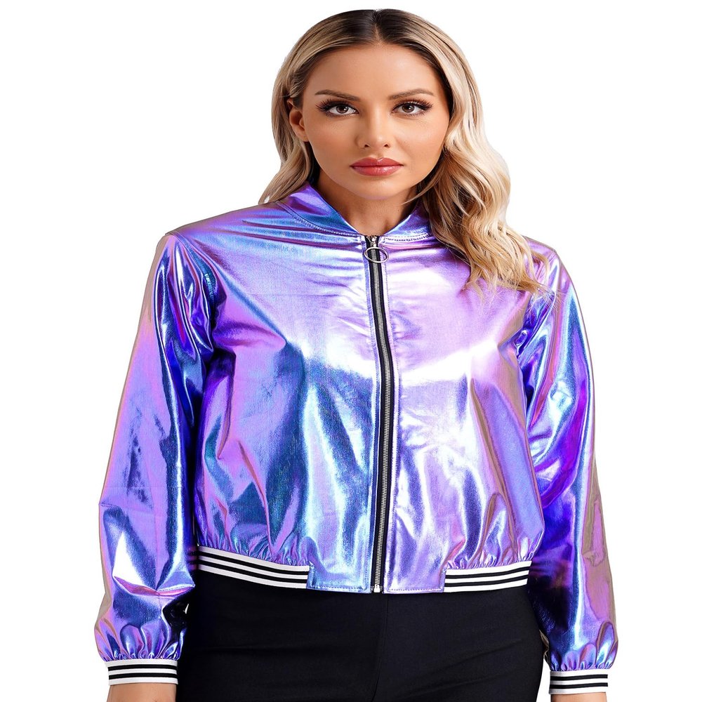 Agoky Women's Sparkly Bomber Jacket Elastic Striped Bands Front Zipper Coat Lightweight Party Tops Blue Medium