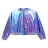 Agoky Women's Sparkly Bomber Jacket Elastic Striped Bands Front Zipper Coat Lightweight Party Tops Blue Medium view 3