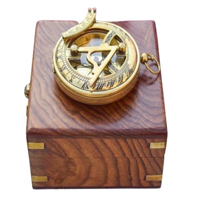 Antique Brass Engraved Sundial Compass with Wooden Box Handmade 3 Inch Push Open Pocket Compass for Navigation and Traveling Tool