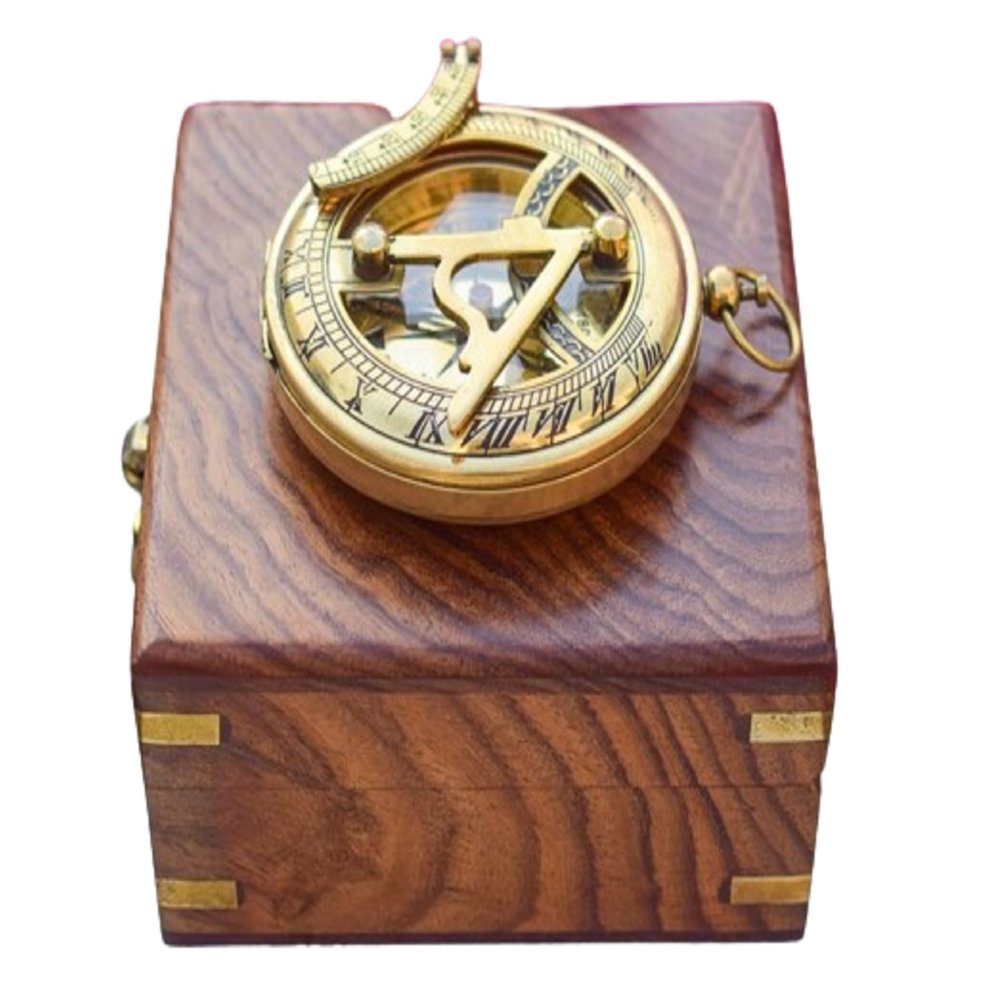 Antique Brass Engraved Sundial Compass with Wooden Box Handmade 3 Inch Push Open Pocket Compass for Navigation and Traveling Tool