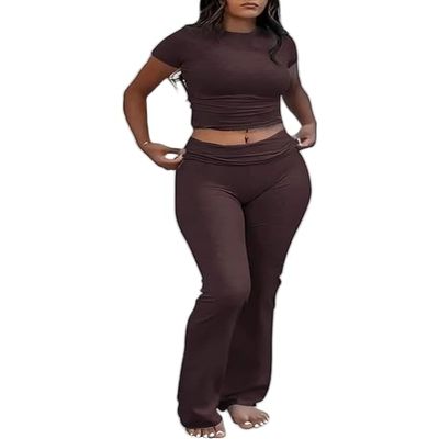 AYWA Women's 2 Piece Lounge Sets Short Sleeve Crop Top Foldover Flare Pants Casual Pajama Outfits (Cocoa, Medium)