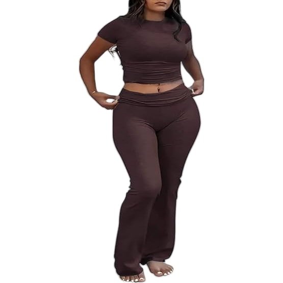 AYWA Women's 2 Piece Lounge Sets Short Sleeve Crop Top Foldover Flare Pants Casual Pajama Outfits (Cocoa, Medium)